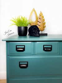 Image 5 of Stag Minstrel Chest of Drawers  / Large Bedside Cabinet painted in dark green with cup handles for 