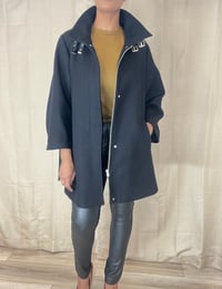 Image 1 of ZARA rare black leather buckle neck front zipper pea coat jacket