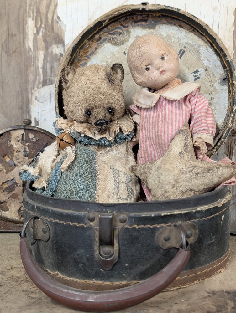 Image of  9" -Vintage Old Primitive Teddy Bear in romper  by Whendi's Bears