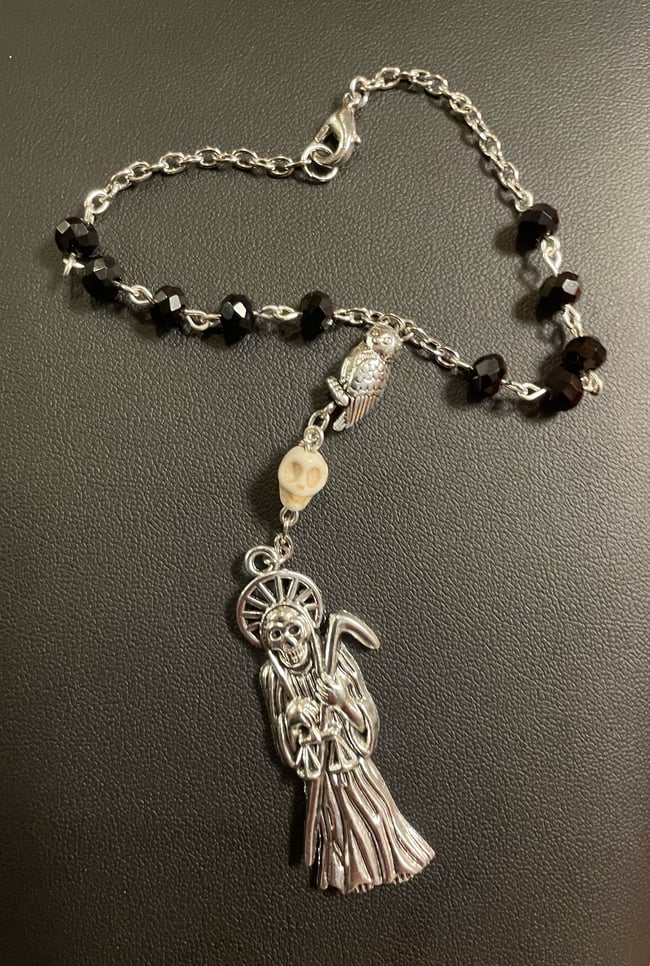 Santa Muerte Car Rosary - Black Faceted