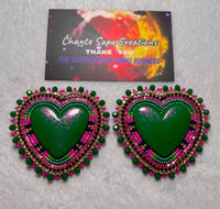 Image 2 of Hand Polished Dark Green Heart Beaded Earrings