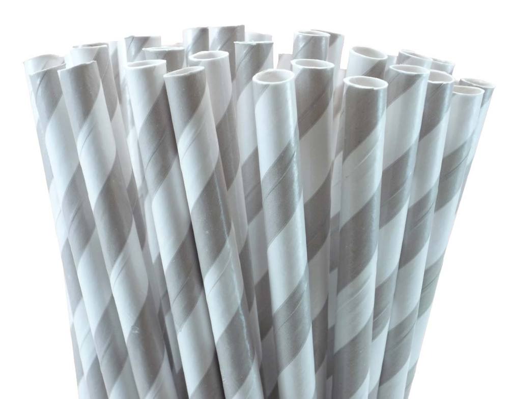 Silver & White Striped Paper Straws