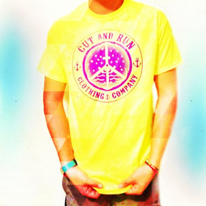 Image of PEACE AND ANCHORS TEE- NEON YELLOW W/PURPLE 