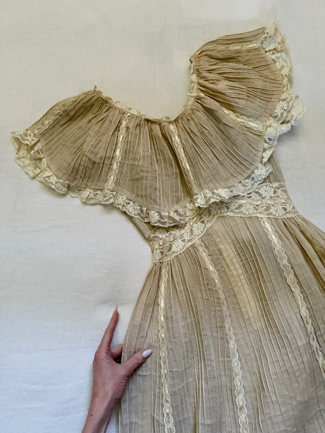 early 1960s Mexican cotton voile pintucked maxi dress wedding