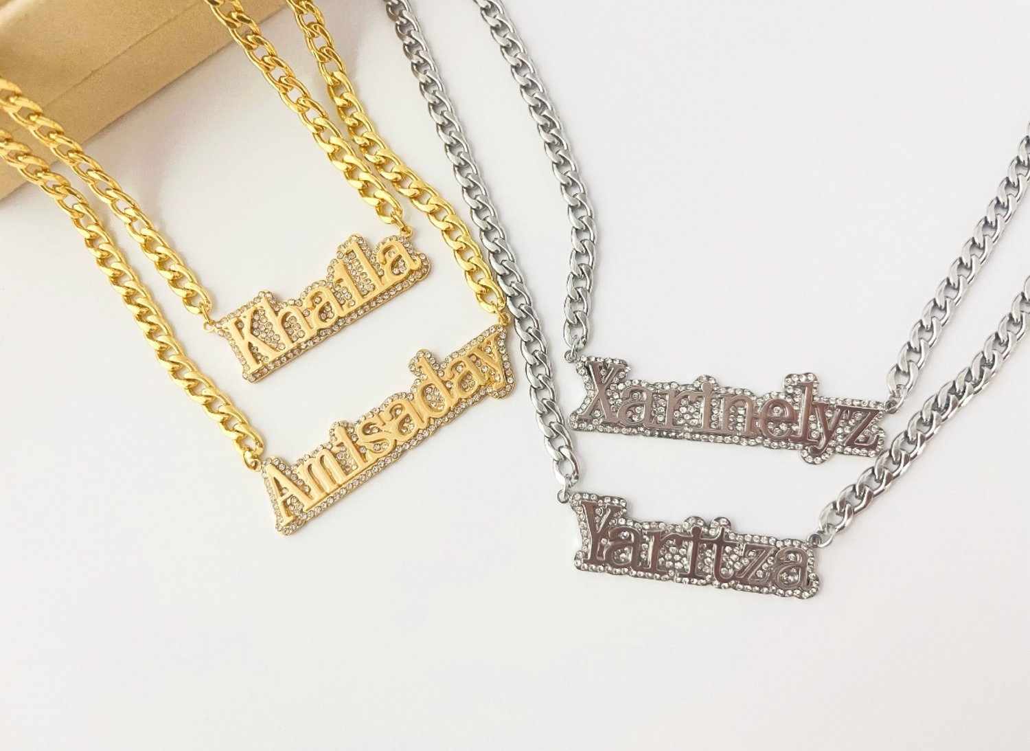 Diamond bubble letter nameplate necklace