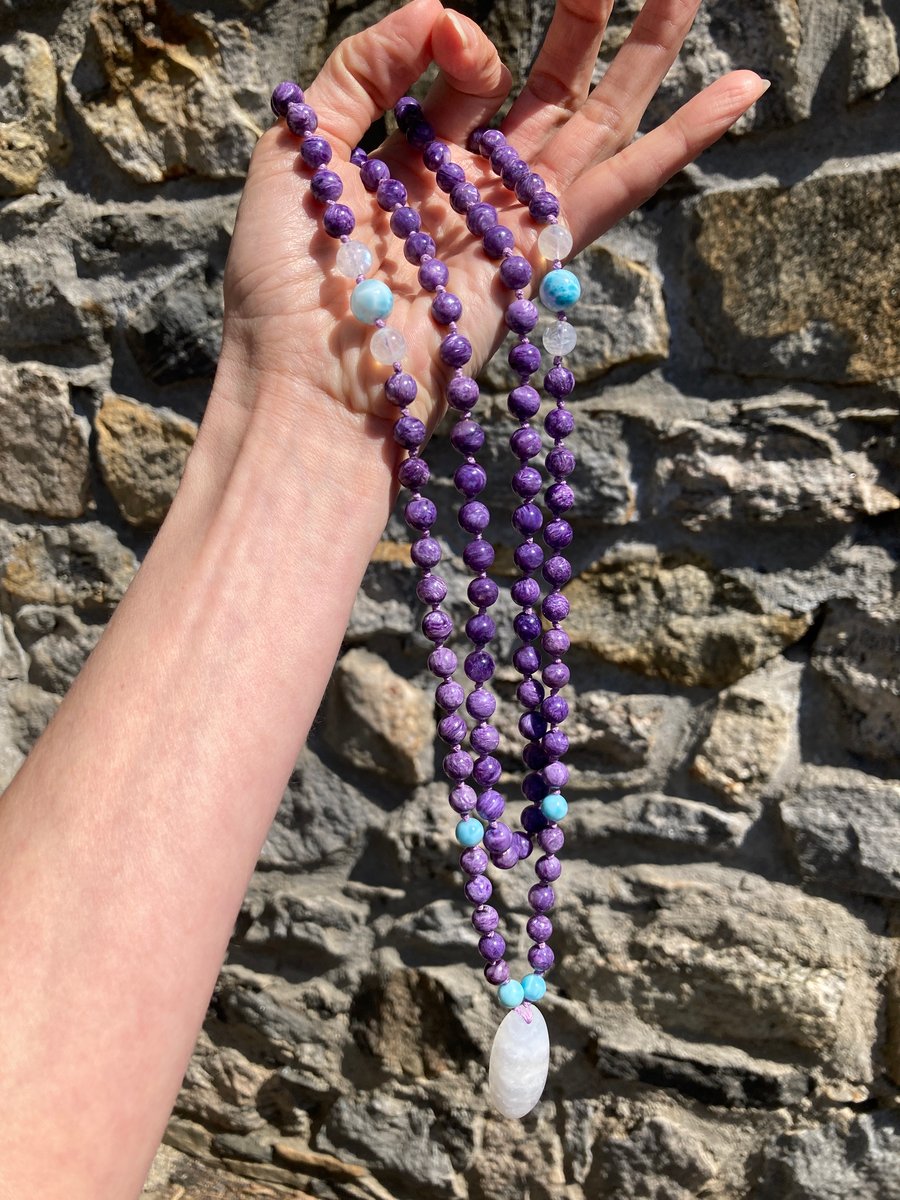 Charoite Mala with Larimar and Rainbow Moonstone, Charoite 108 Bead Hand  Knotted Japa Mala