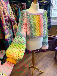 Image 3 of BUBBLE POP - crochet pastel rainbow cropped off shoulder jumper/sweater flared bell sleeve