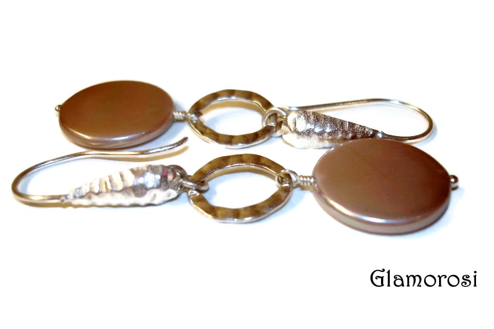 Image of TEMPORARILY SOLD OUT Coin Pearl Earrings with Hammered Sterling Silver - Taupe, Cocoa, Beige