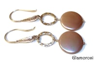 Image 3 of Cocoa Coin Pearl Earrings with Hammered Sterling Silver 