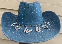 Image 1 of Crystal Blue Denim Cowboy Hat Crystal Cowboy Charm & Chain Band