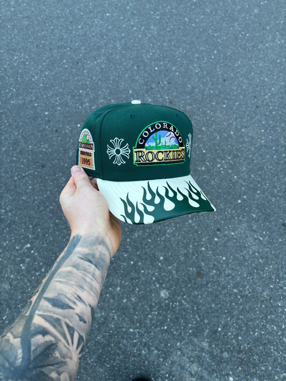 Image of OFF WHITE VISOR FOREST GREEN COLORADO ROCKIES CUSTOM FITTED CAP