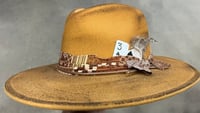 Image 2 of Mustard Painted Fedora Hat Print, Feather & Card Band 