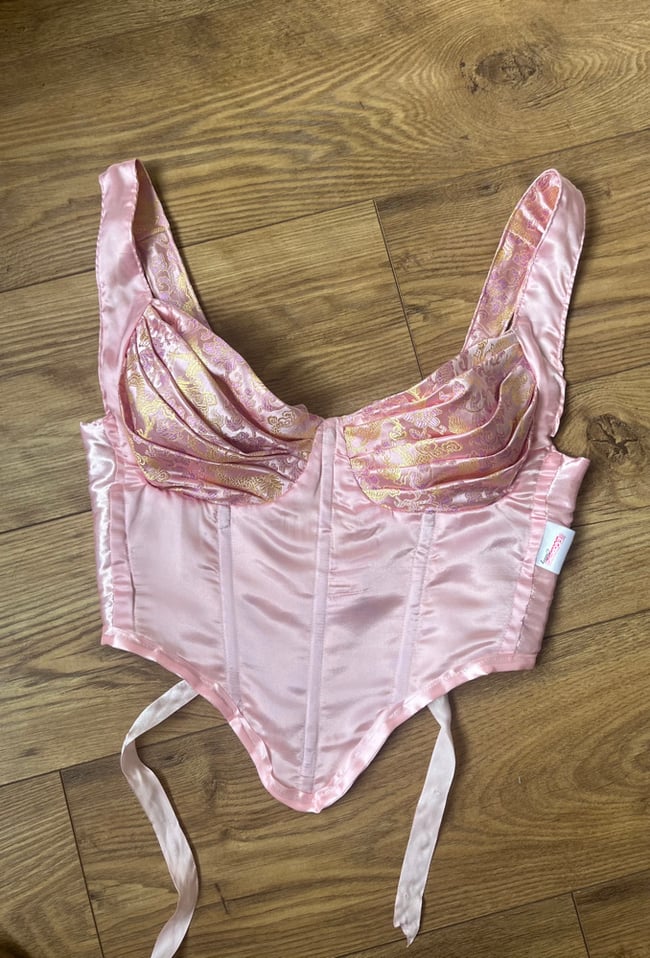 Pink and Gold Jacquard dragon bustier reversible corset top