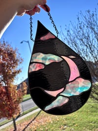 Image 4 of Celestial Stained-Glass Moon & Cloud Teardrop Panel - Opal Pink & Black Celestial Window Hanging