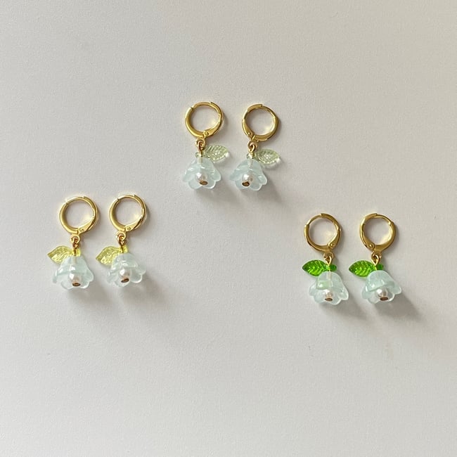 light blue glass flower gold huggie hoop earrings 