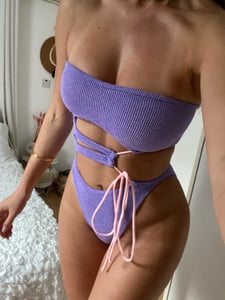 Image of Strapless Cut Out Tie Crinkle Onepiece In Lilac & Bubblegum