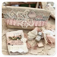 Image 6 of sewing zipper purse and needle book and tiny glass bottle of vintage buttons and French lace