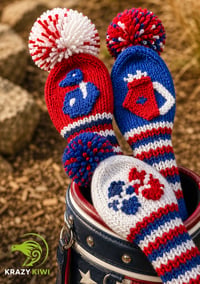 Image 2 of Red white and blue custom golf club covers Handknit unique, choose your own design and Pom Pom si...