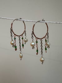 Image 3 of Copper and green bead hoops with freshwater pearls