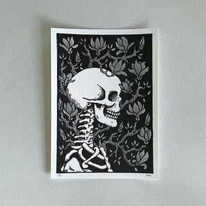 Skeleton And Magnolias Linocut Print