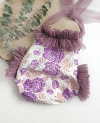 Image 2 of Photoshoot body | Marella romper | age 9-12 months | dark purple flowers | sitter