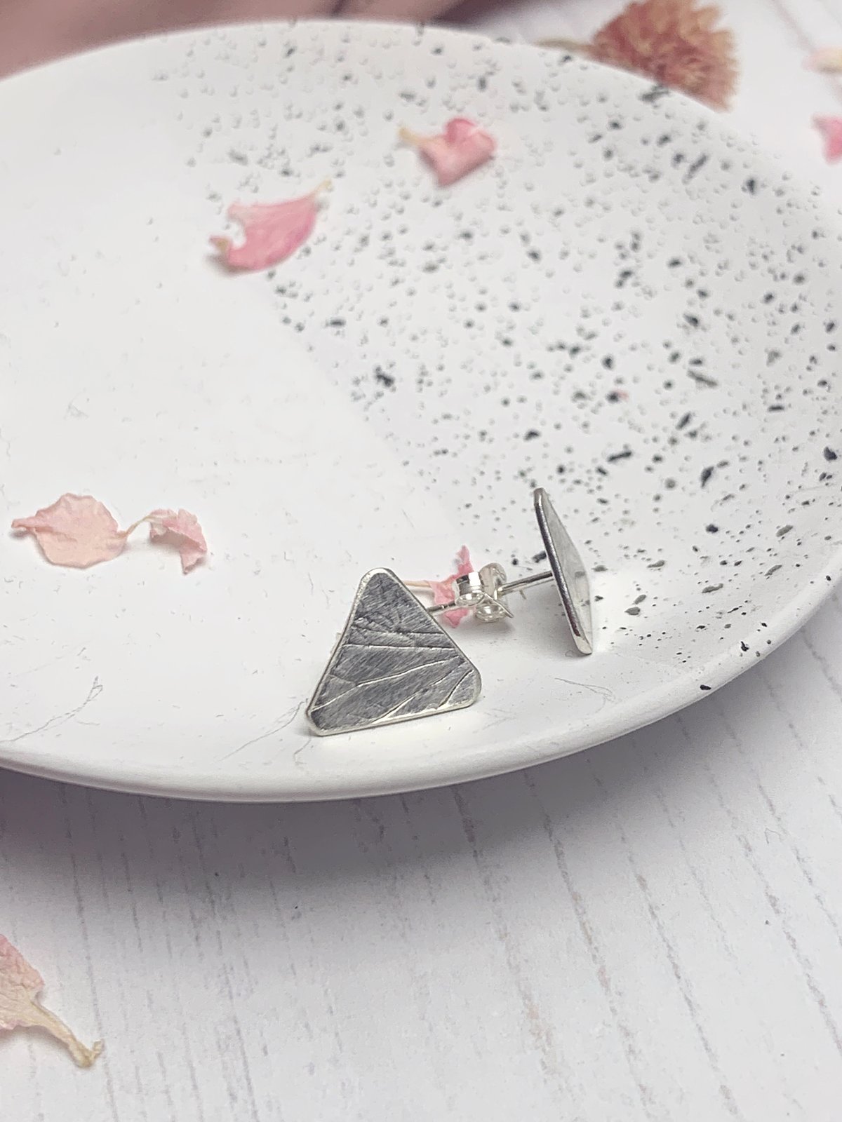 Image of Recycled sterling silver triangle stud earrings with hydrangea petal imprint 