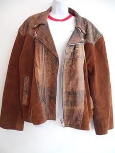 Image of 1980s brown leather and suede detailed biker jacket LARGE