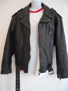 Image of 1980s Black 'Maffay' detailed Leather Biker Jacket UK LARGE