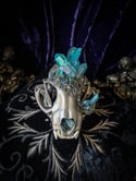 Light Blue Aura Quartz & Chalcopyrite- Bobcat Skull 