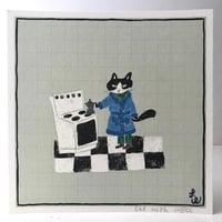 Image 1 of Small square print -cat making coffee