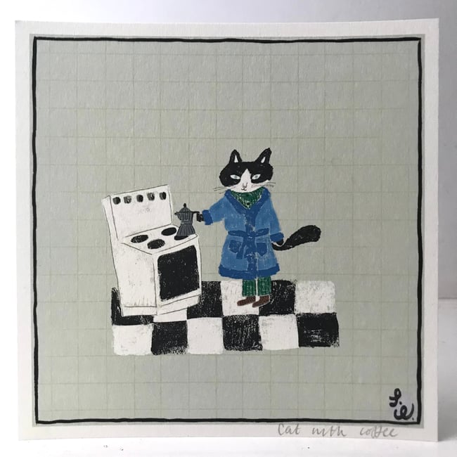 Small square print -cat making coffee