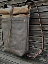 Image 4 of Leather backpack with waxed canvas roll to close top and double outside pocket