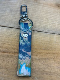 Image 2 of Leather Keychain, Hand-marbled Blues Nonpareil