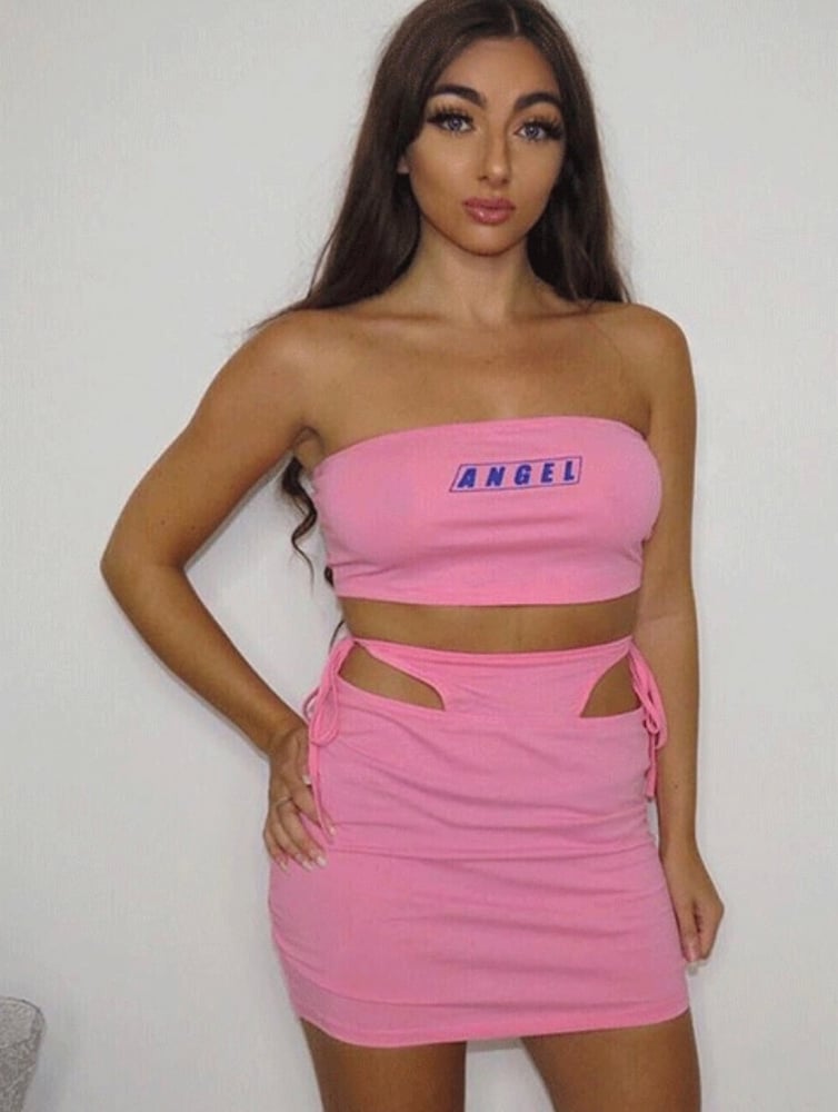 Image of  Graphic Tube Top and Tie Side Cutout Detail Skirt Set