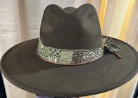Image 1 of Green Painted Fedora Hat Multi Print Band & Feathers  
