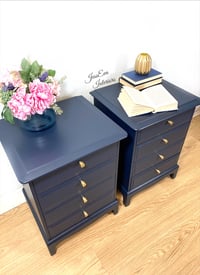 Image 3 of Pair of Navy Blue Stag Minstrel Bedside Tables, Bedside Cabinets, Chest Of Drawers 