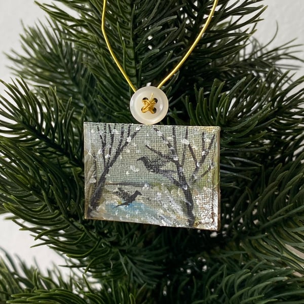 Image of Two birds in winter landscape - miniature painting 