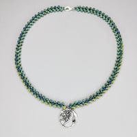 Image 3 of Blue-Green Beaded Spiral + Fae Moon Necklace