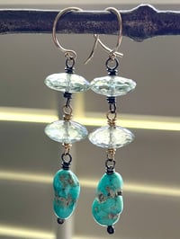 Image 5 of Luxe prasiolite and Sleeping Beauty turquoise earrings . 14k gold and sterling
