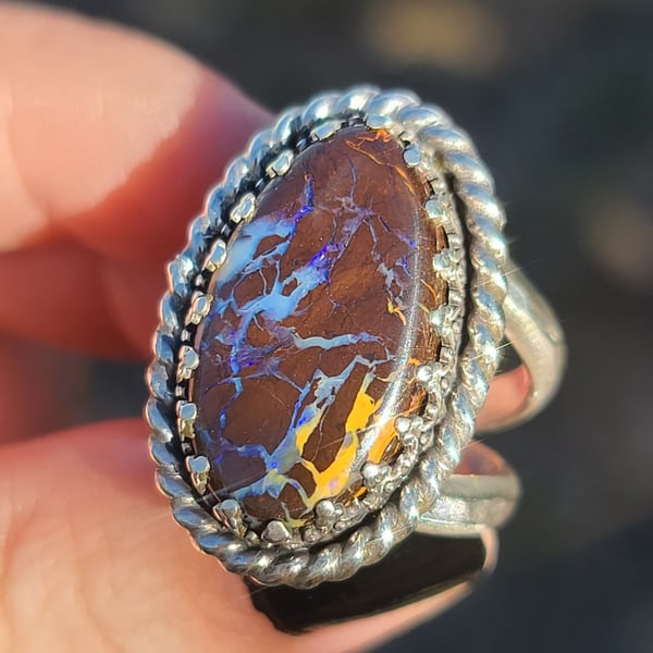 Image of Handmade Sterling Silver Oval Australian Boulder Opal Ring