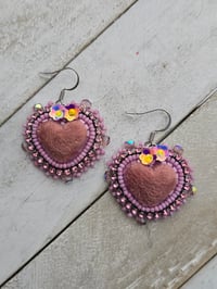 Image 1 of Mauve fuzzy heart earrings 