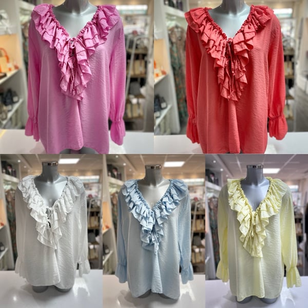 Image of V-NECK RUFFLE TIED FRONT BLOUSE
