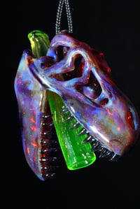 Image 2 of Opalized amber purple T-Rex skull pendant with illuminati joint tip