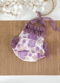 Image 1 of Photoshoot body | Marella romper | age 9-12 months | dark purple flowers | sitter