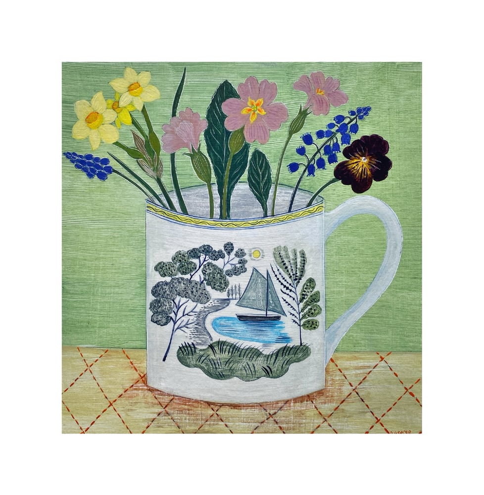 Image of Boat cup and spring flowers Print