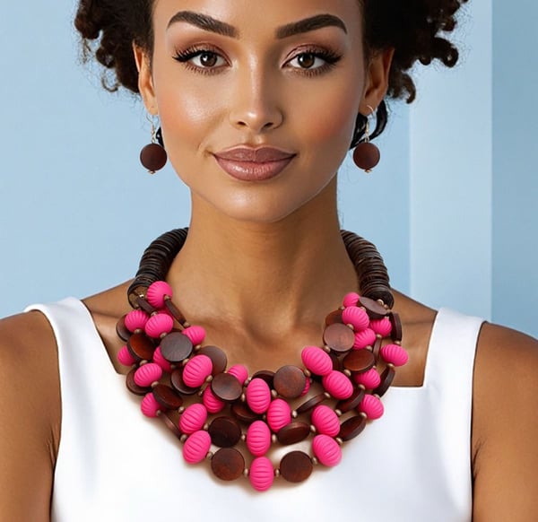Image of Beaded Fuchsia Coconut Wood Disc Necklace Women