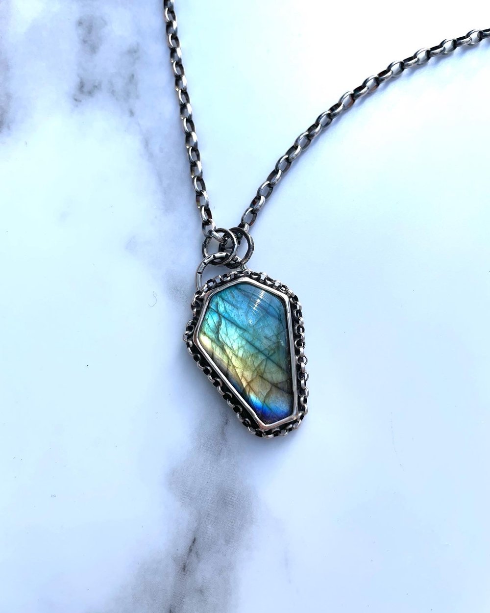 Handmade Sterling Silver Coffin Casket Labradorite Pendant 925