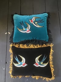 Image 5 of Teal Cotton Velvet Cushion With Swallow Embroidery Patches