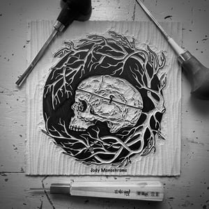 Skull With Branch Wreath Linocut Print