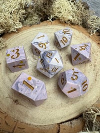 Image 3 of Handmade Jesmonite Dice Set | Pastel Purple and Gold Glitter D&D Dice